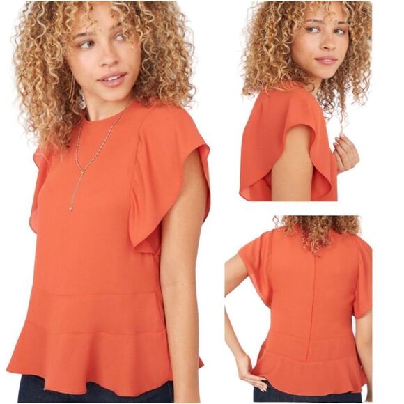 Stella & Dot Women's Crew Neck Back Zip Peplum Ruffle Blouse Orange Size Medium - Picture 1 of 13